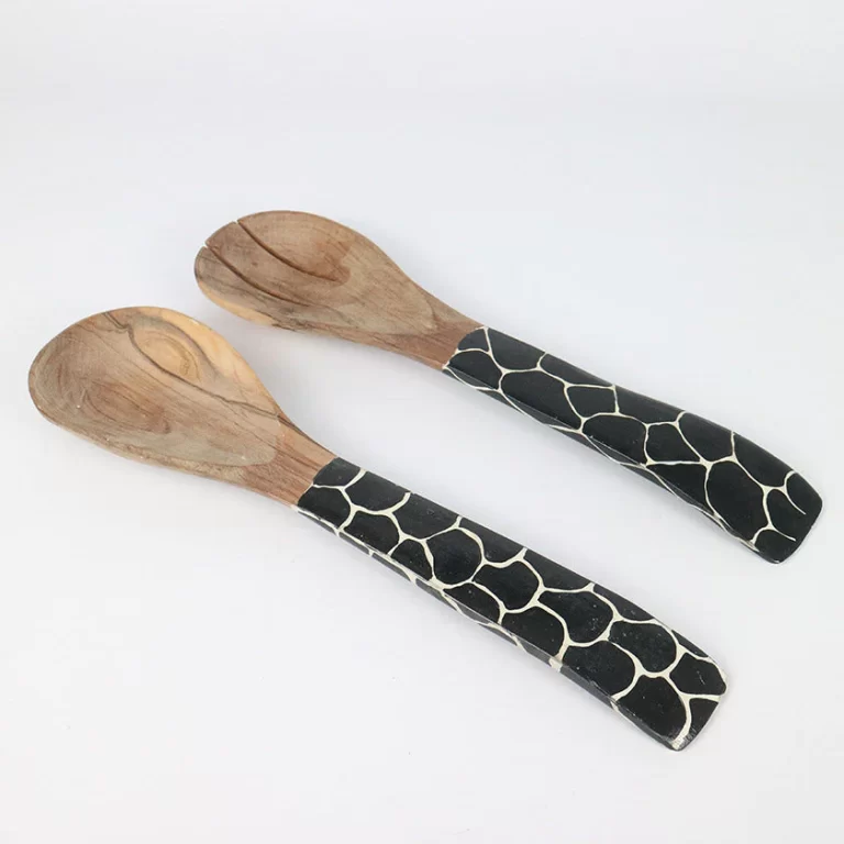 Wooden Salad Servers With Giraffe Inlay 10"